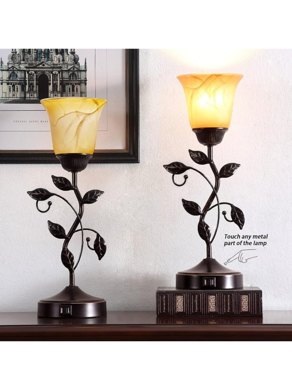 New Touch Control Leaf Vintage Table Lamp with 3-Way Dimmable 2 USB C+A Ports - Picture 3 of 6